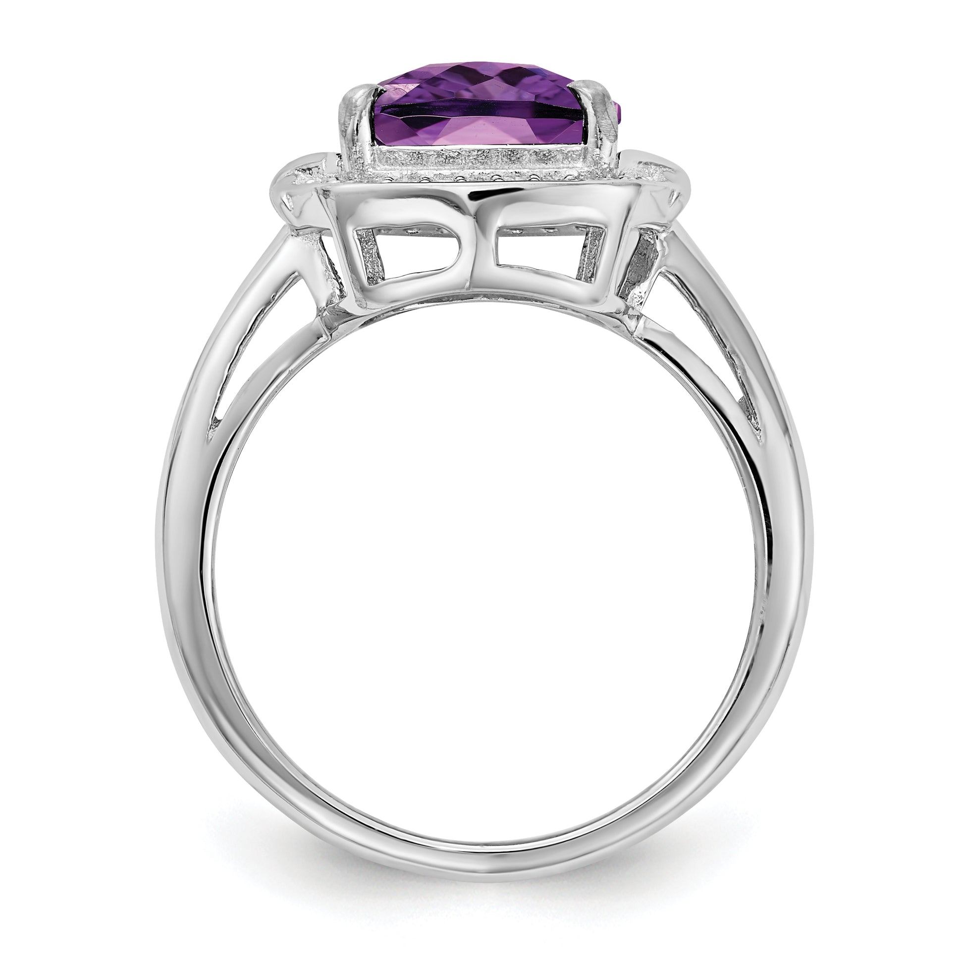 Sterling Silver Rhodium Plated Diamond & Checker Cut Amethyst Ring