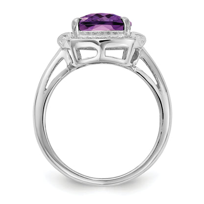 Sterling Silver Rhodium Plated Diamond & Checker Cut Amethyst Ring