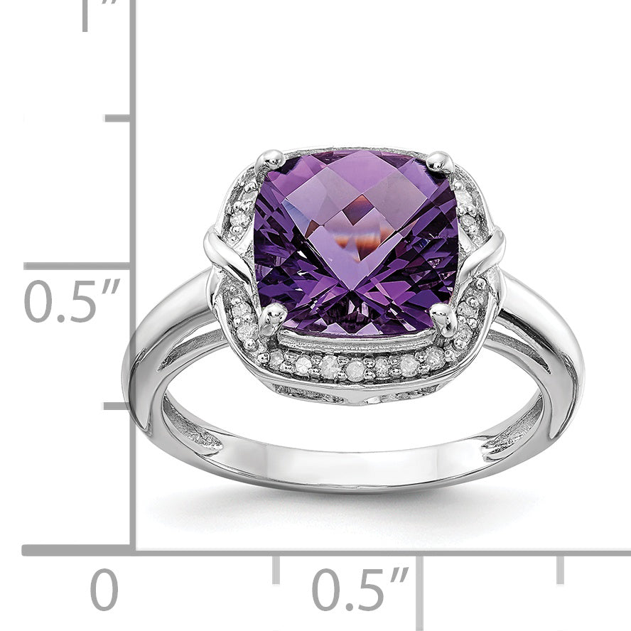 Sterling Silver Rhodium Plated Diamond & Checker Cut Amethyst Ring