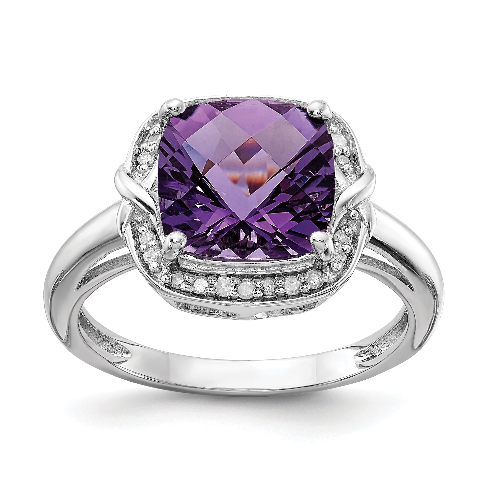 Sterling Silver Rhodium Plated Diamond & Checker Cut Amethyst Ring