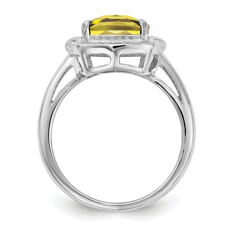 Sterling Silver Rhodium Diamond & Checker Cut Lemon Quartz Ring