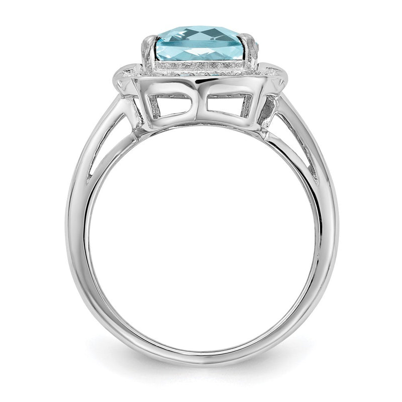 Sterling Silver Rhodium Diamond & Checker Cut Sky Blue Topaz Ring