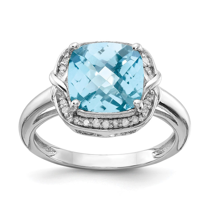 Sterling Silver Rhodium Diamond & Checker Cut Sky Blue Topaz Ring