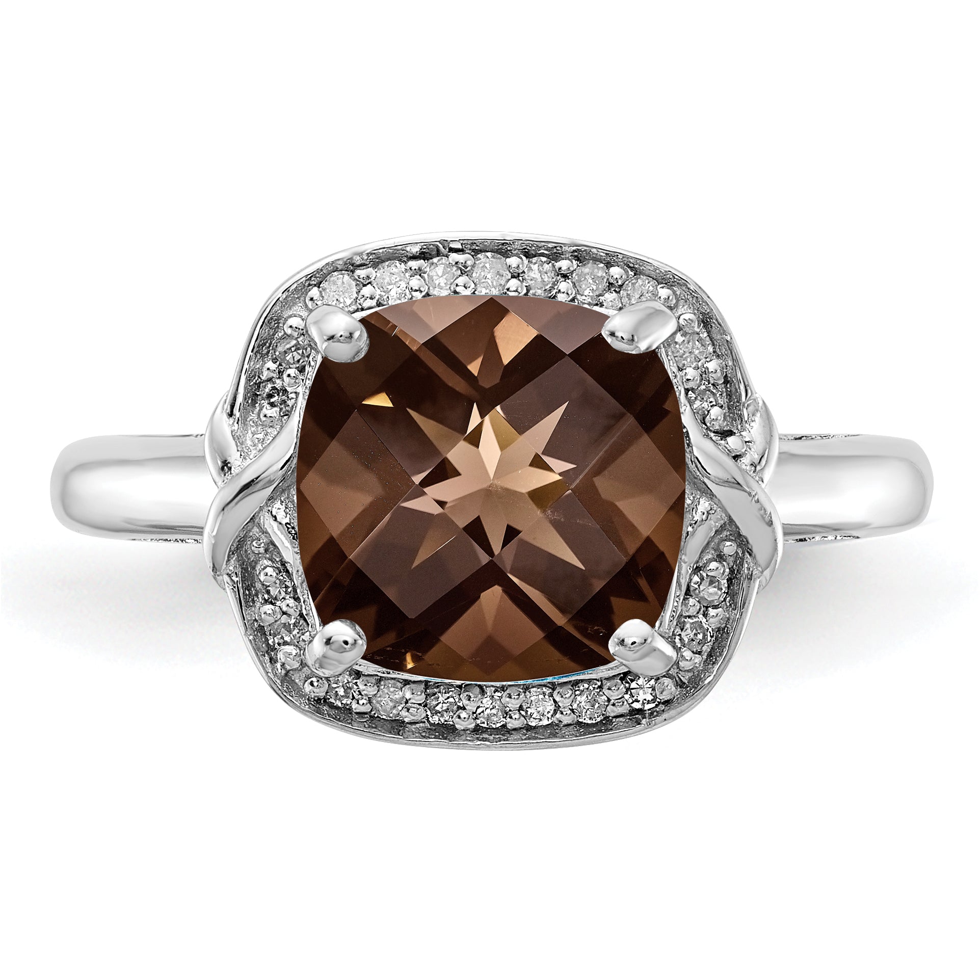 Sterling Silver Rhodium Diamond & Checker Cut Smoky Quartz Ring