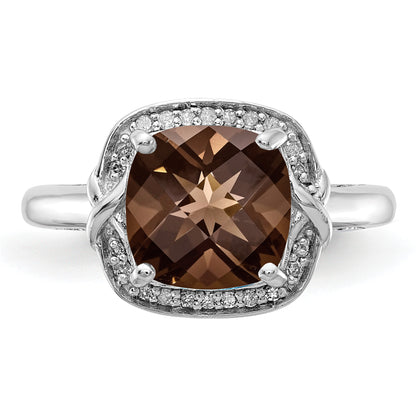 Sterling Silver Rhodium Diamond & Checker Cut Smoky Quartz Ring