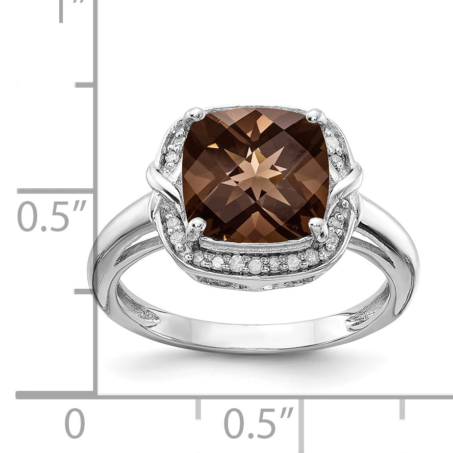 Sterling Silver Rhodium Diamond & Checker Cut Smoky Quartz Ring