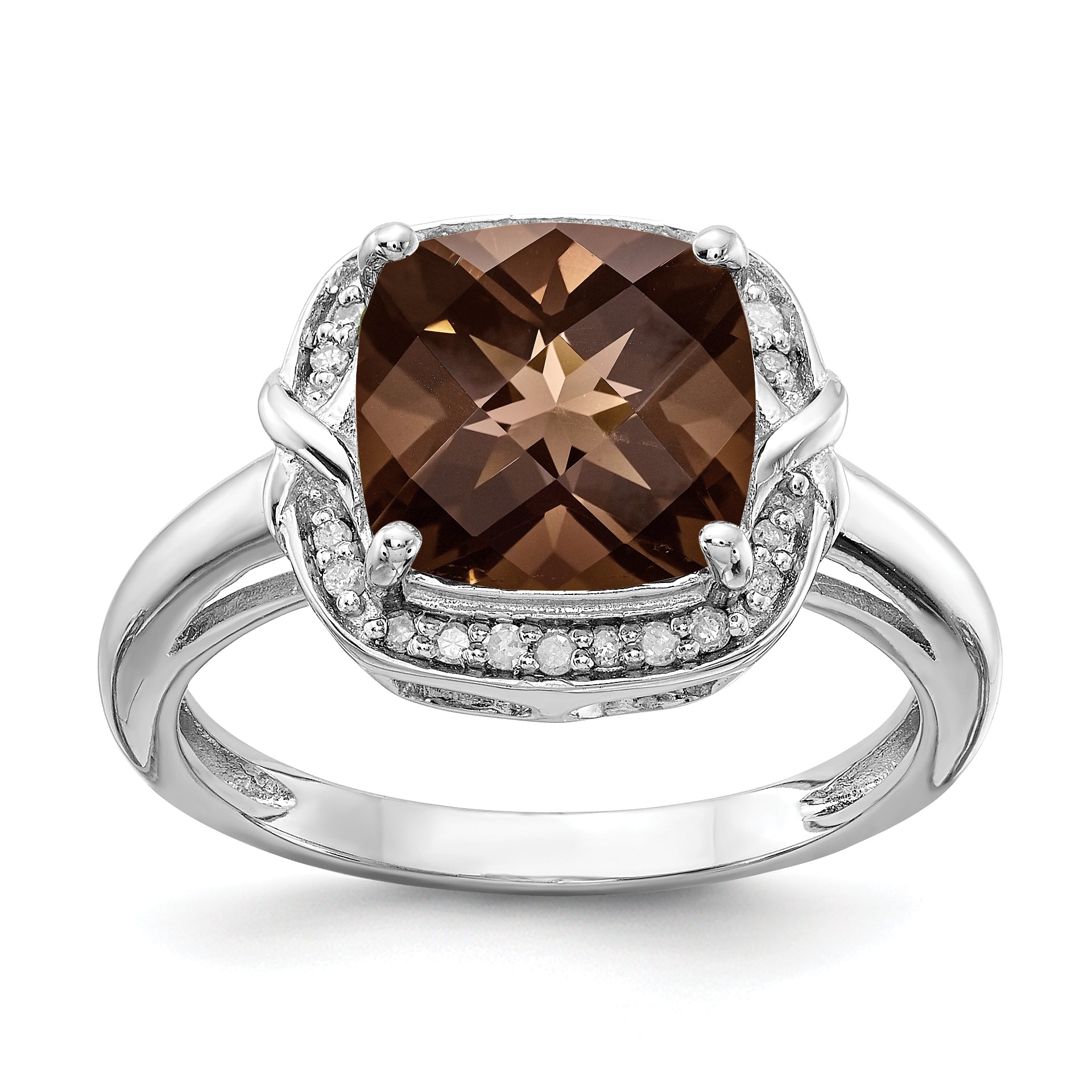 Sterling Silver Rhodium Diamond & Checker Cut Smoky Quartz Ring