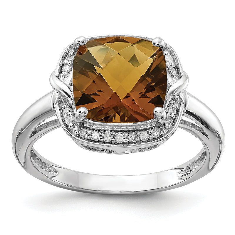 Sterling Silver Rhodium Diamond & Checker Cut Whiskey Quartz Ring