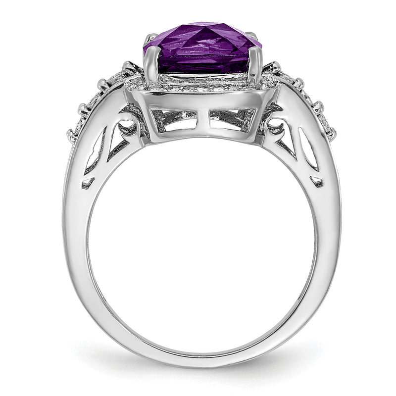 Sterling Silver Rhodium Plated Diamond & Checker Cut Amethyst Ring