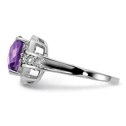 Sterling Silver Rhodium Plated Diamond & Checker Cut Amethyst Ring