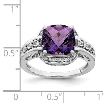 Sterling Silver Rhodium Plated Diamond & Checker Cut Amethyst Ring