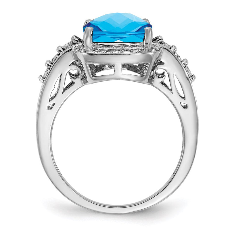 Sterling Silver Rhodium Diamond & Checker Cut Blue Topaz Ring (Size 7 Only)