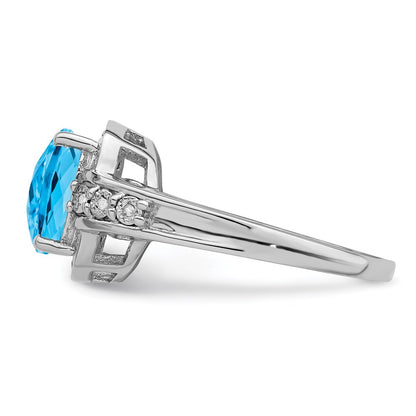 Sterling Silver Rhodium Diamond & Checker Cut Blue Topaz Ring (Size 7 Only)