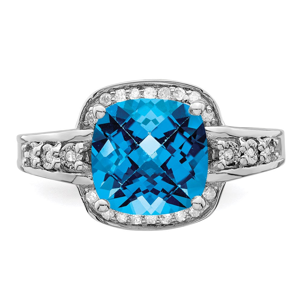 Sterling Silver Rhodium Diamond & Checker Cut Blue Topaz Ring (Size 7 Only)