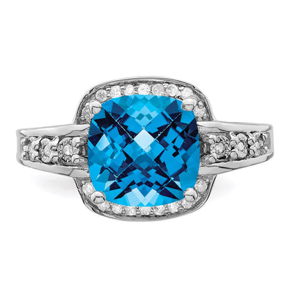 Sterling Silver Rhodium Diamond & Checker Cut Blue Topaz Ring (Size 7 Only)