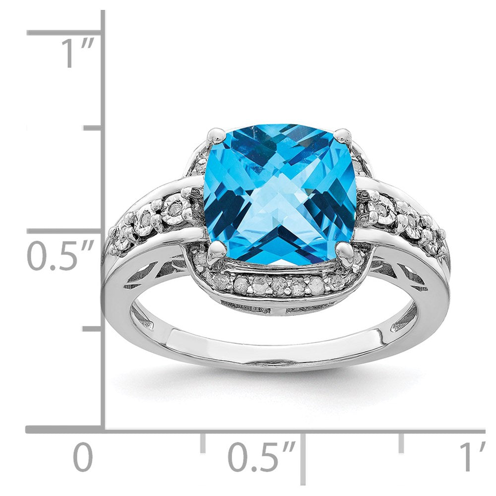 Sterling Silver Rhodium Diamond & Checker Cut Blue Topaz Ring (Size 7 Only)