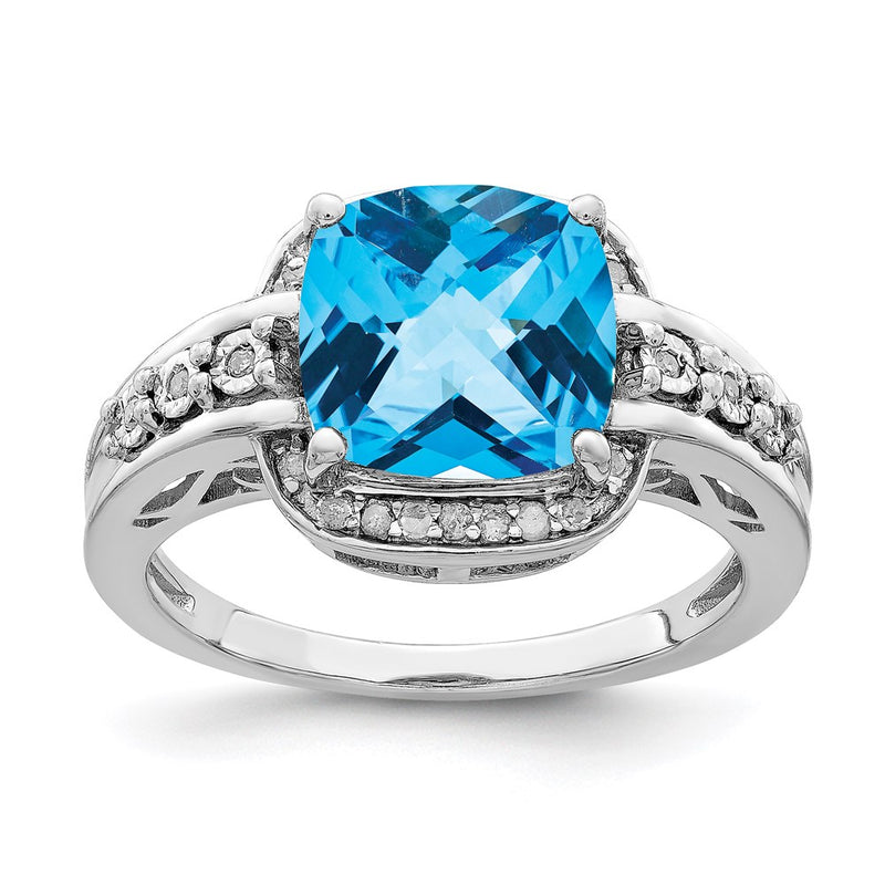 Sterling Silver Rhodium Diamond & Checker Cut Blue Topaz Ring (Size 7 Only)