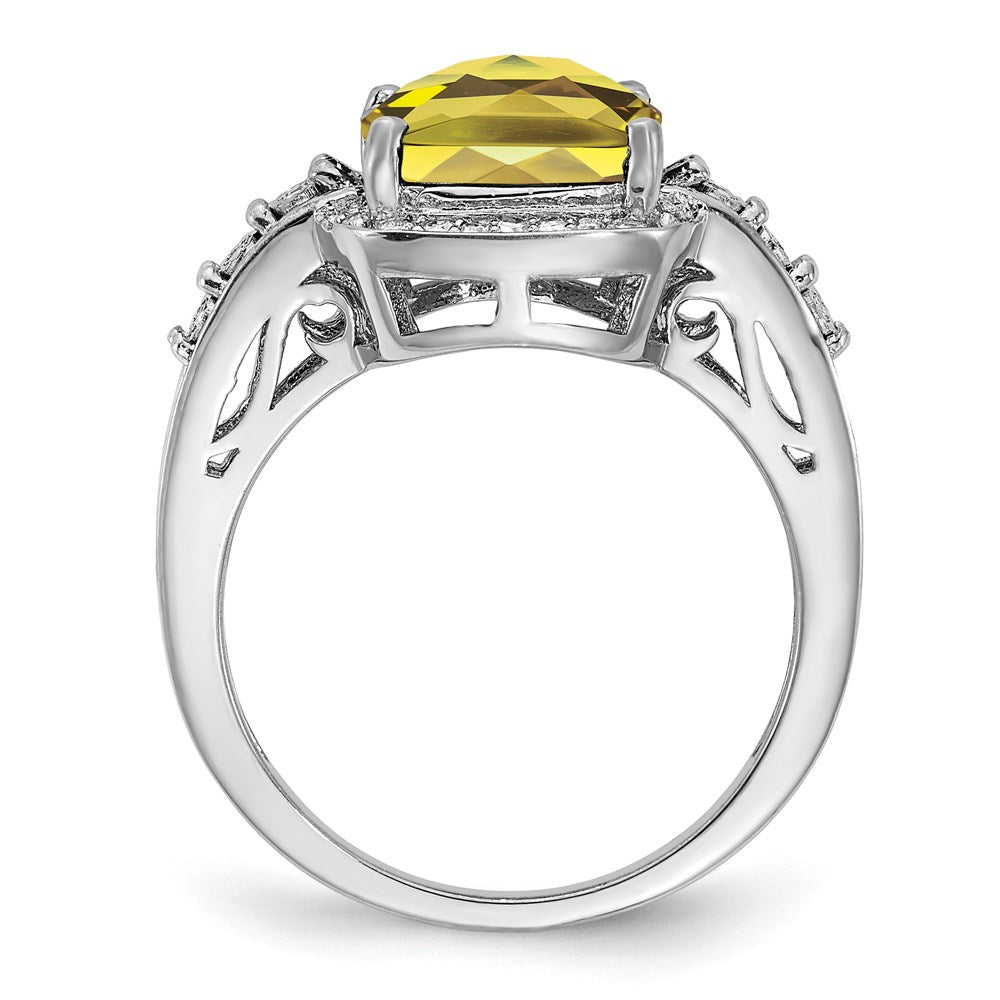 Sterling Silver Rhodium Diamond & Checker Cut Lemon Quartz Ring (Size 7 Only)