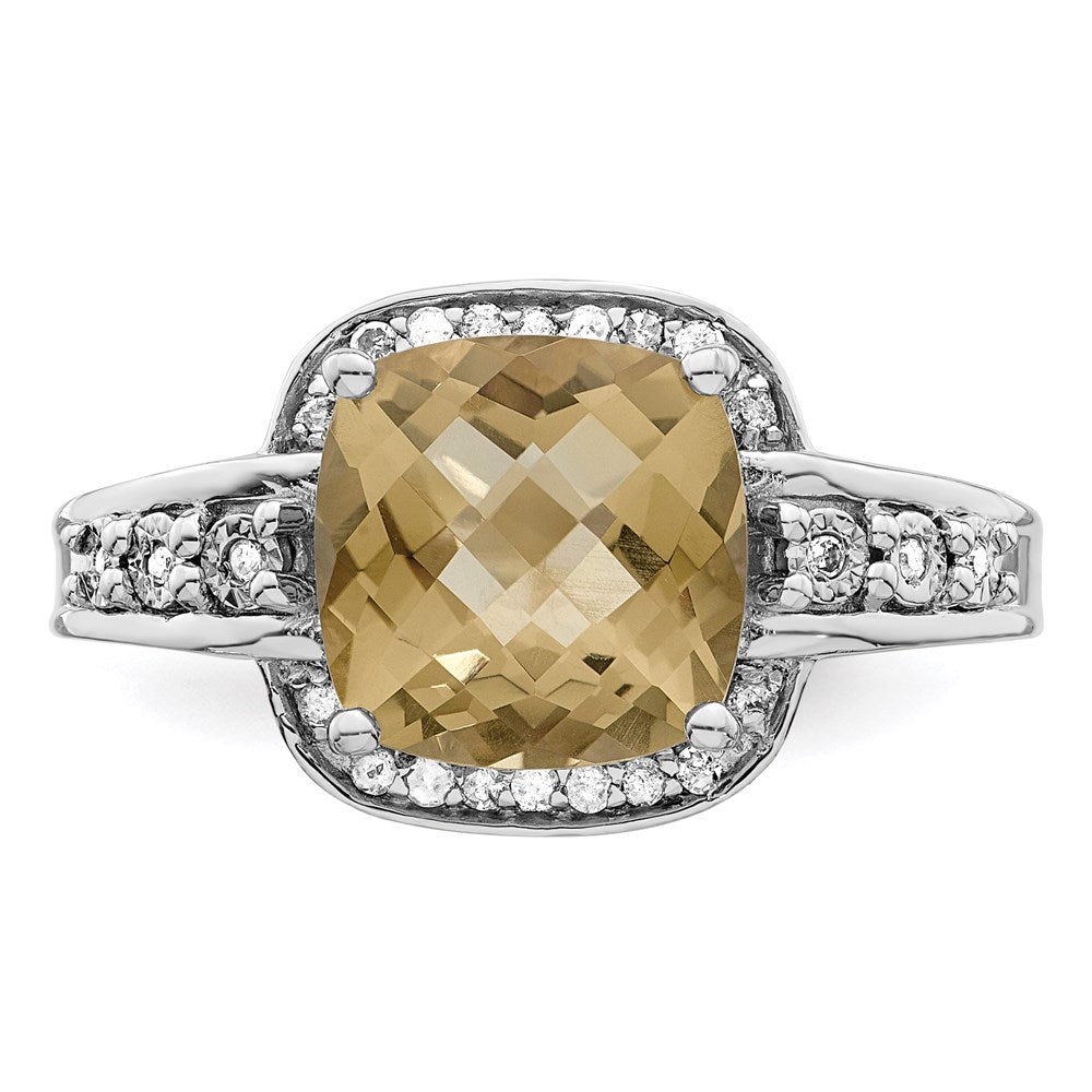 Sterling Silver Rhodium Diamond & Checker Cut Lemon Quartz Ring (Size 7 Only)