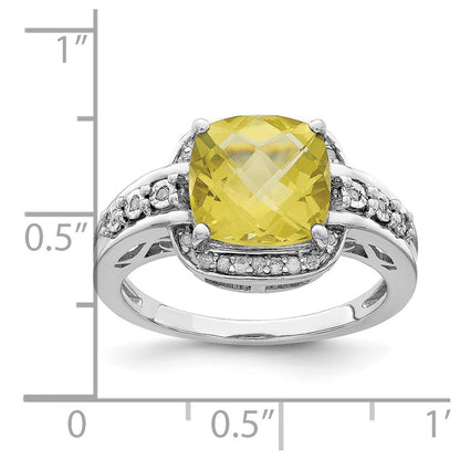 Sterling Silver Rhodium Diamond & Checker Cut Lemon Quartz Ring (Size 7 Only)