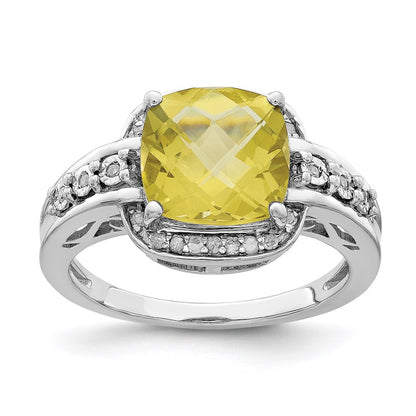 Sterling Silver Rhodium Diamond & Checker Cut Lemon Quartz Ring (Size 7 Only)