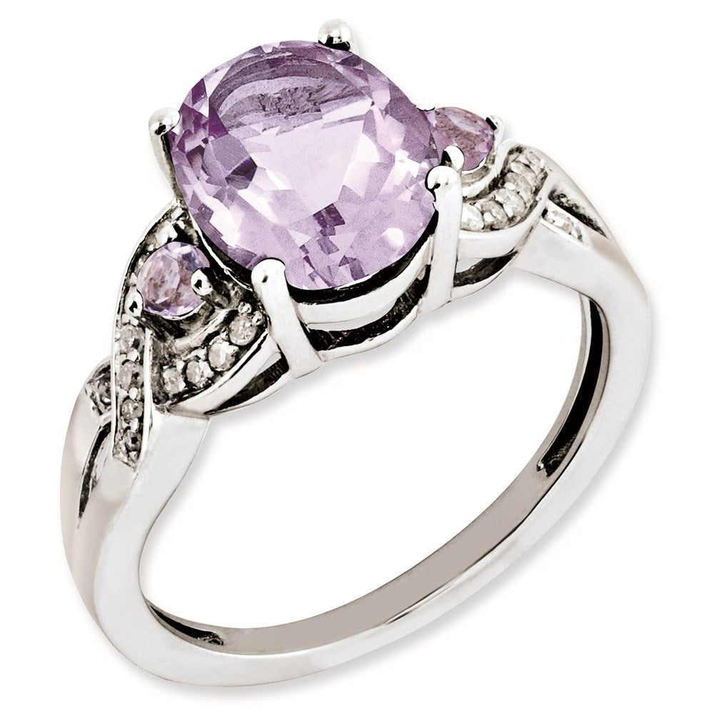 Sterling Silver Rhodium Plated Oval Diamond & Pink Quartz Ring (Size 7 Only)