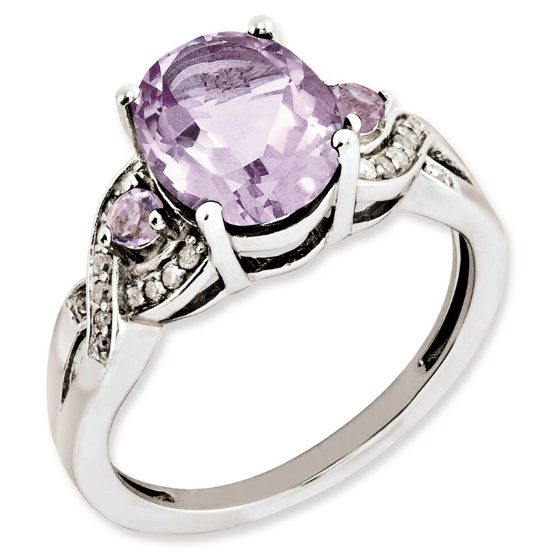 Sterling Silver Rhodium Plated Oval Diamond & Pink Quartz Ring (Size 7 Only)