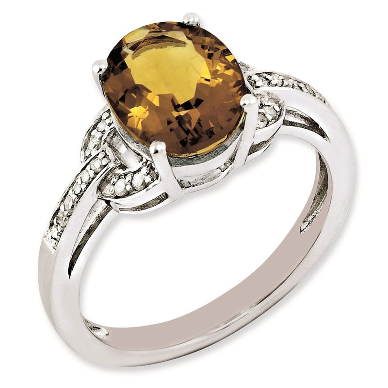 Sterling Silver Rhodium Plated Diamond & Whiskey Quartz Ring (Size 6 Only)