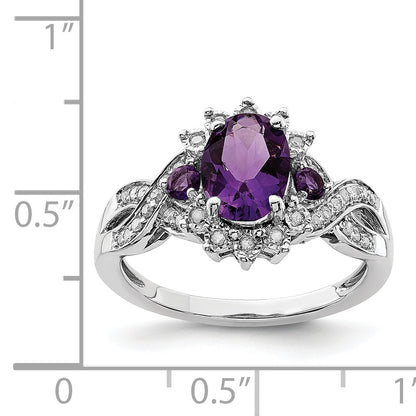 Sterling Silver Rhodium Plated Diamond & Amethyst Ring
