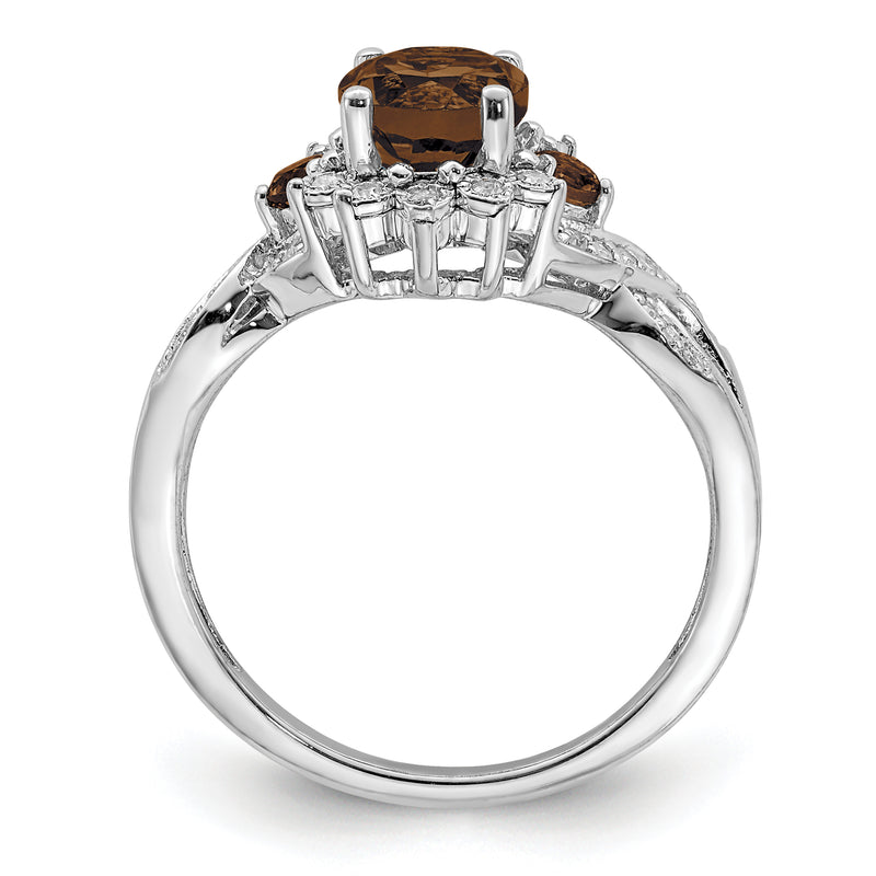 Sterling Silver Rhodium Diamond & Smoky Quartz Ring