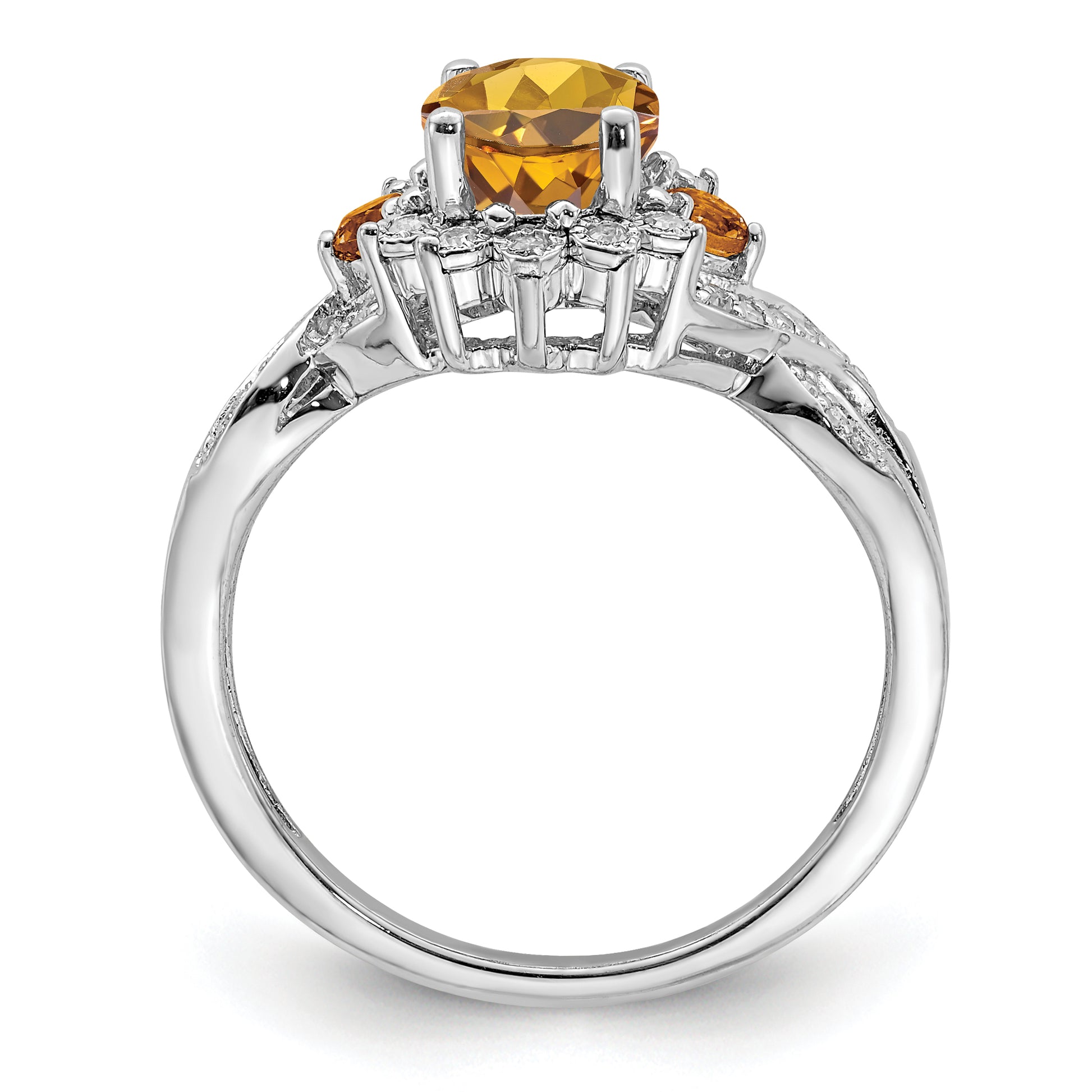 Sterling Silver Rhodium Diamond & Whiskey Quartz Ring