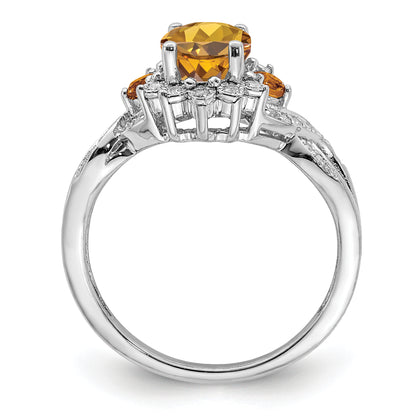 Sterling Silver Rhodium Diamond & Whiskey Quartz Ring