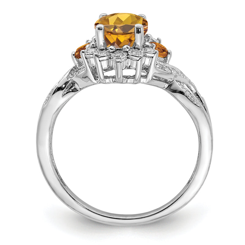 Sterling Silver Rhodium Diamond & Whiskey Quartz Ring