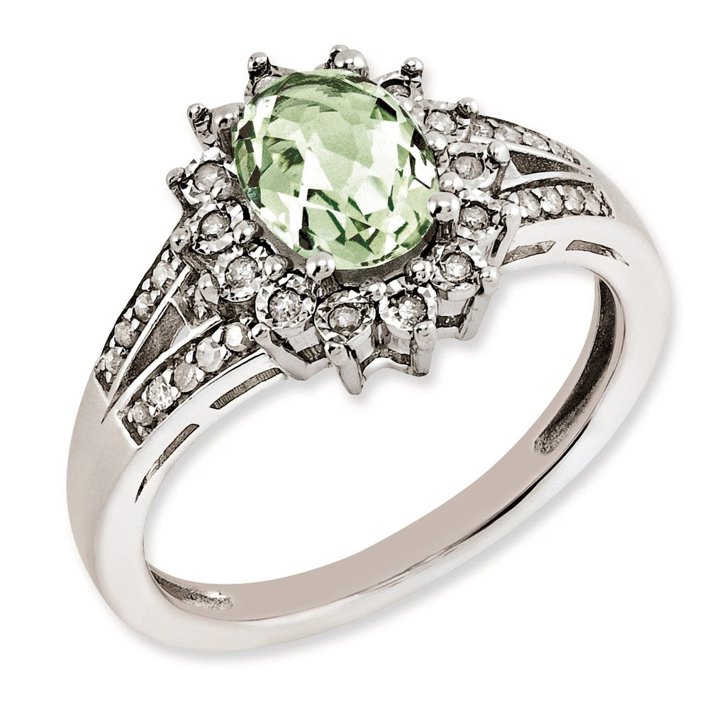 Sterling Silver Rh Plated Diamond & Oval Checker Cut Green Quartz Ring (Size 7 Only)