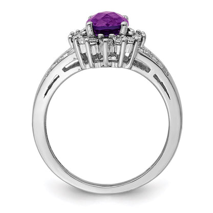 Sterling Silver Rhodium Plated Diamond & Checker Cut Amethyst Ring (Size 6 Only)