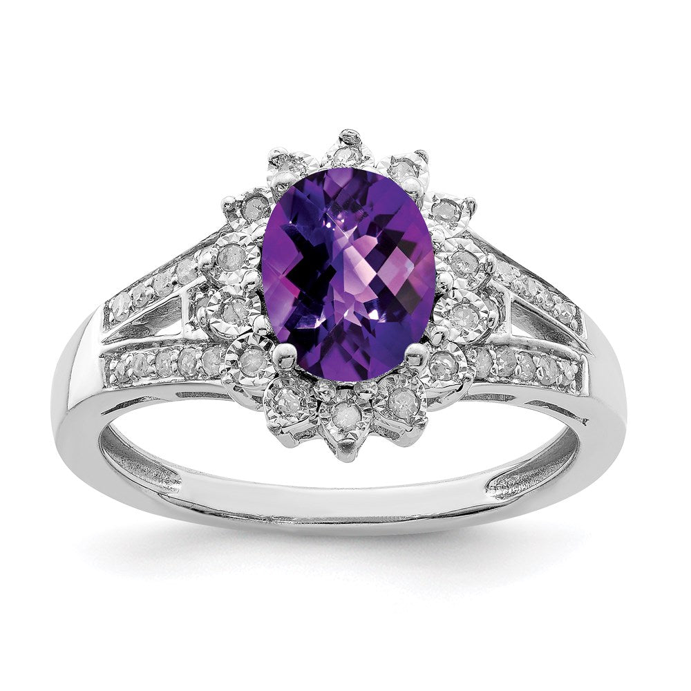 Sterling Silver Rhodium Plated Diamond & Checker Cut Amethyst Ring (Size 6 Only)