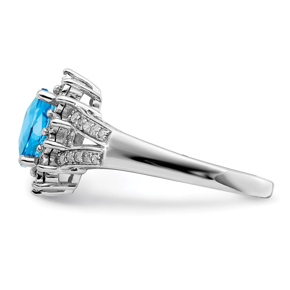 Sterling Silver Rhodium Diamond & Oval Checker Cut Blue Topaz Ring (Size 7 Only)