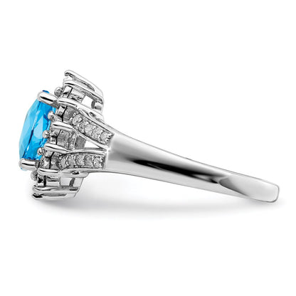 Sterling Silver Rhodium Diamond & Oval Checker Cut Blue Topaz Ring (Size 7 Only)