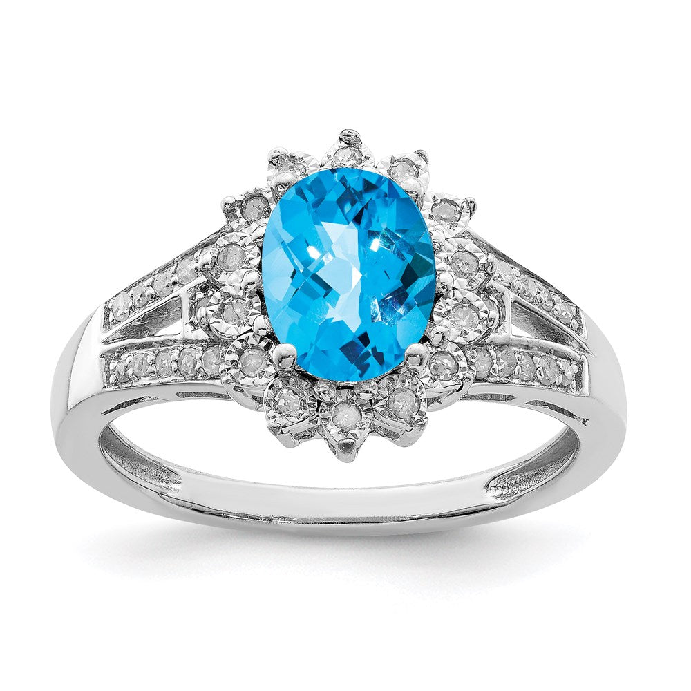 Sterling Silver Rhodium Diamond & Oval Checker Cut Blue Topaz Ring (Size 7 Only)