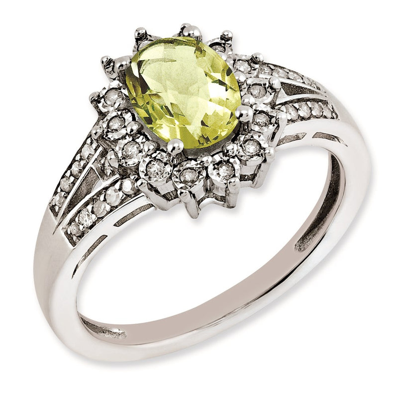 Sterling Silver Rh Plated Diamond & Oval Checker Cut Lemon Quartz Ring (Size 7 Only)
