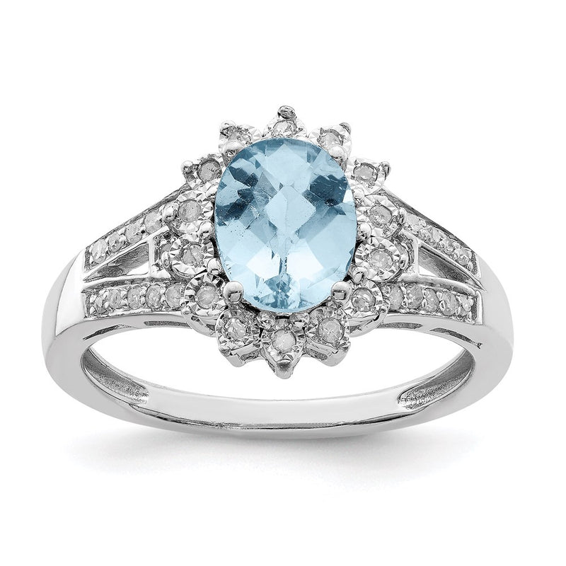 Sterling Silver Rhodium Diamond & Checker Cut Sky Blue Topaz Ring (Size 7 Only)