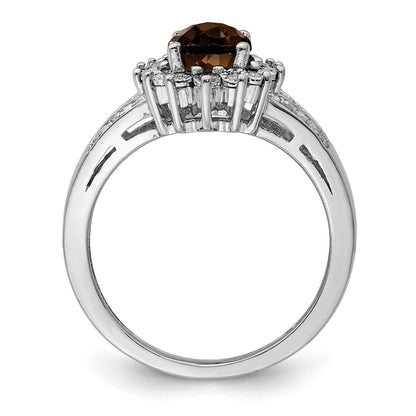 Sterling Silver Rhodium Diamond & Oval Checker Cut Smoky Quartz Ring (Size 7 Only)