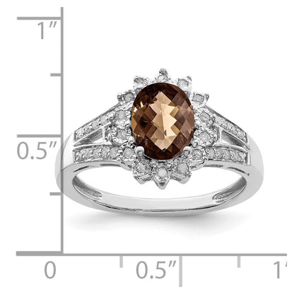 Sterling Silver Rhodium Diamond & Oval Checker Cut Smoky Quartz Ring (Size 7 Only)