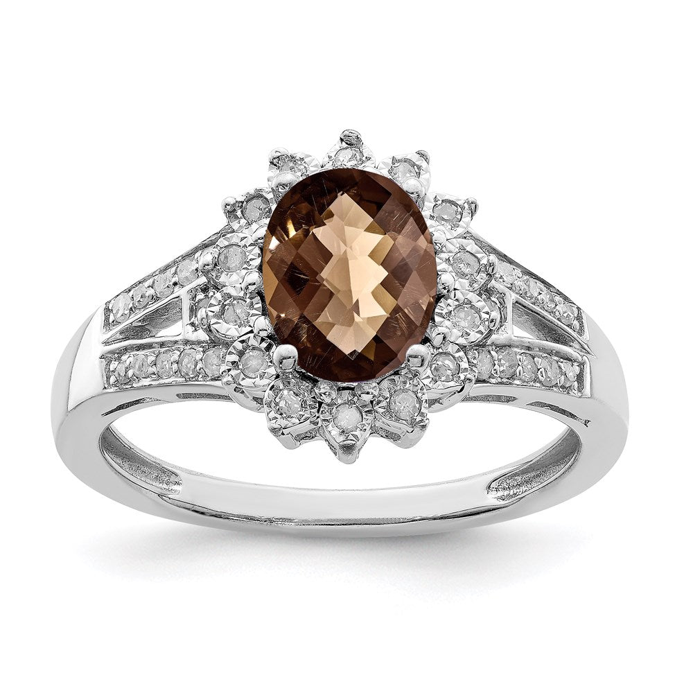 Sterling Silver Rhodium Diamond & Oval Checker Cut Smoky Quartz Ring (Size 7 Only)