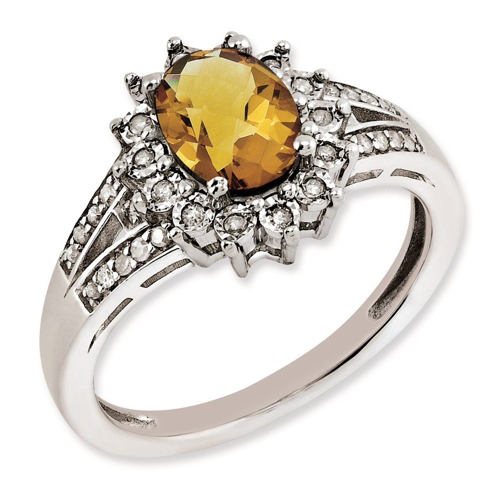 Sterling Silver Rh Plated Diamond & Oval Checker Cut Whiskey Quartz Ring (Size 7 Only)