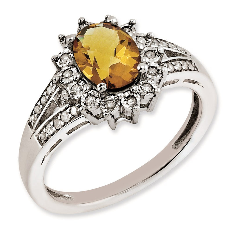 Sterling Silver Rh Plated Diamond & Oval Checker Cut Whiskey Quartz Ring (Size 7 Only)