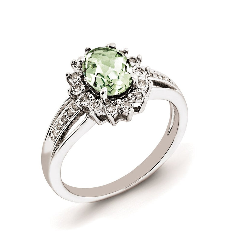 Sterling Silver Rhodium Plated Diamond & Oval Green Quartz Ring (Size 7 Only)