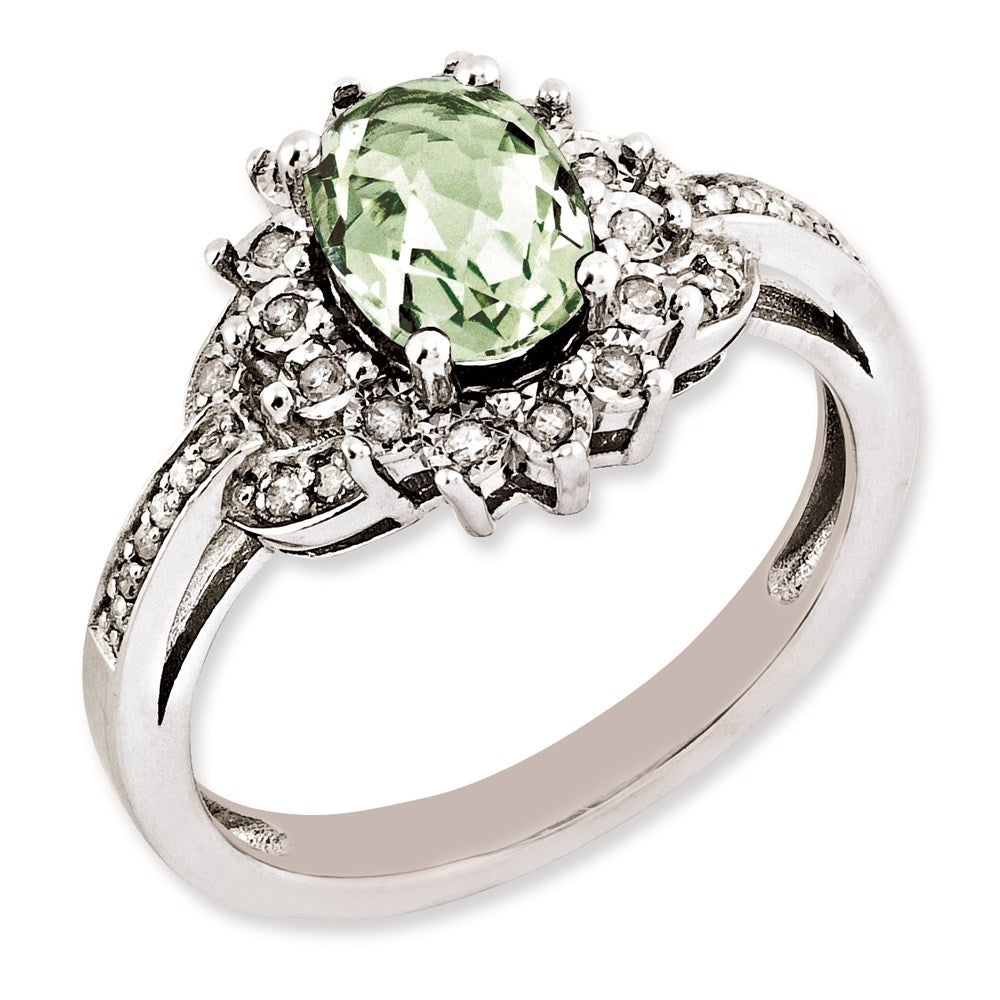 Sterling Silver Rh Plated Diamond & Oval Checker Cut Green Quartz Ring (Size 7 Only)