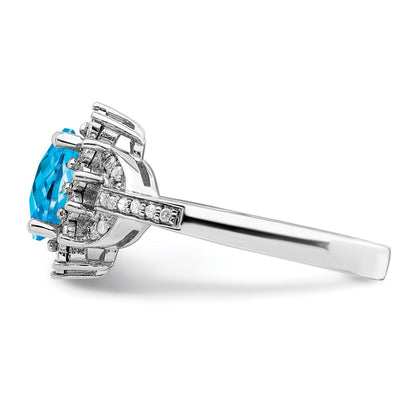 Sterling Silver Rhodium Diamond & Oval Checker Cut Blue Topaz Ring (Size 7 Only)