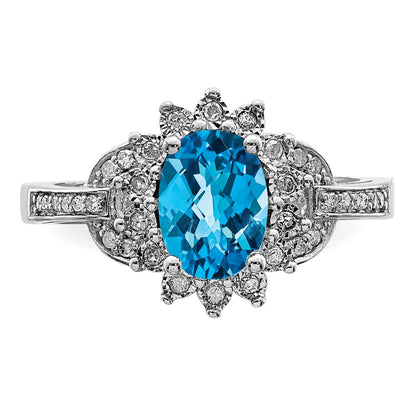 Sterling Silver Rhodium Diamond & Oval Checker Cut Blue Topaz Ring (Size 7 Only)